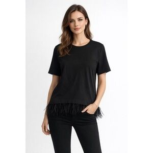 NWT Luisa Cerano‎ Feather Hem Black Short Sleeve Shirt